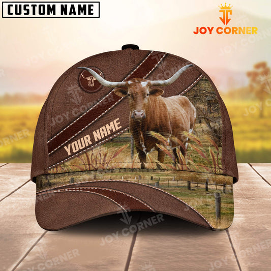 Joycorners Texas Longhorn On The Farm Customized Name Brown Leather Pattern Cap1
