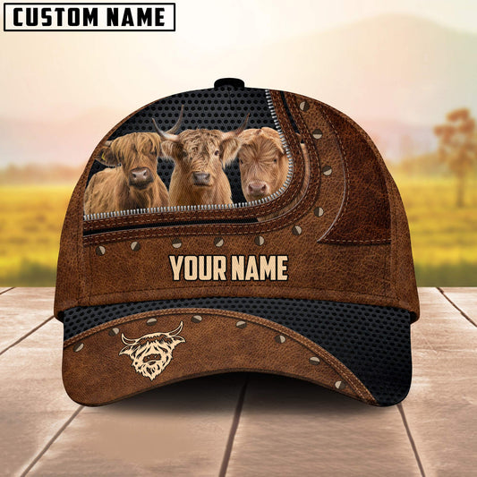 Joycorners Three Highland Cattles On The Farm Customized Name Brown Leather Pattern Cap