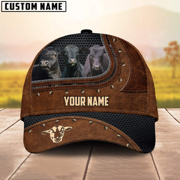 Joycorners Three Black Angus On The Farm Customized Name Brown Leather Pattern Cap