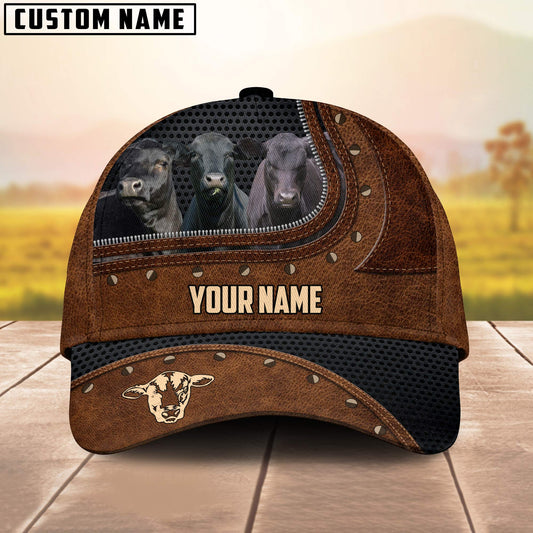 Joycorners Three Black Angus On The Farm Customized Name Brown Leather Pattern Cap