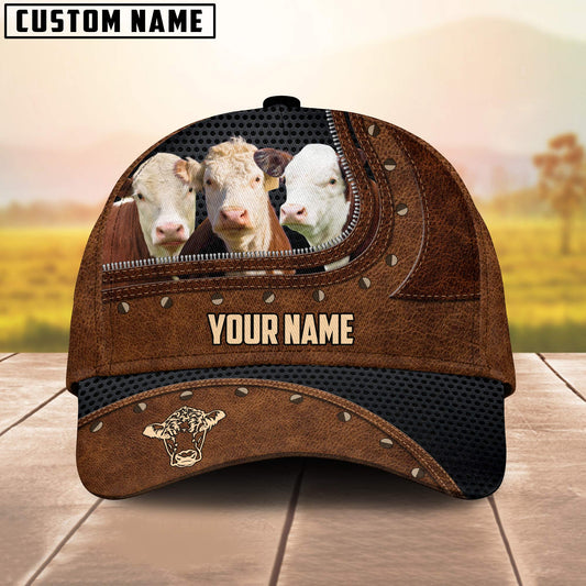 Joycorners Three Hereford On The Farm Customized Name Brown Leather Pattern Cap