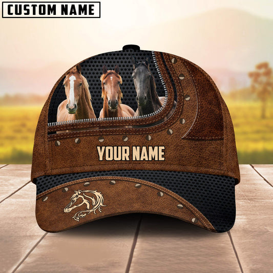 Joycorners Three Horse On The Farm Customized Name Brown Leather Pattern Cap