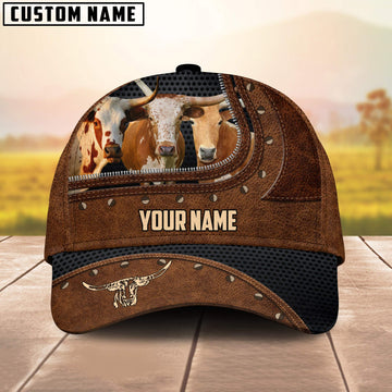 Joycorners Three Texas Longhorn On The Farm Customized Name Brown Leather Pattern Cap