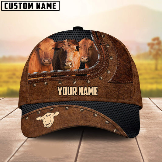 Joycorners Three Red Angus On The Farm Customized Name Brown Leather Pattern Cap