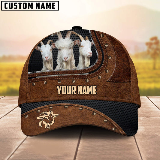 Joycorners Three Goats On The Farm Customized Name Brown Leather Pattern Cap