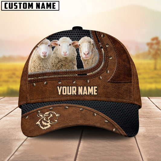 Joycorners Three Sheeps On The Farm Customized Name Brown Leather Pattern Cap