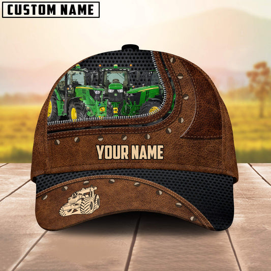 Joycorners Three Tractors On The Farm Customized Name Brown Leather Pattern Cap