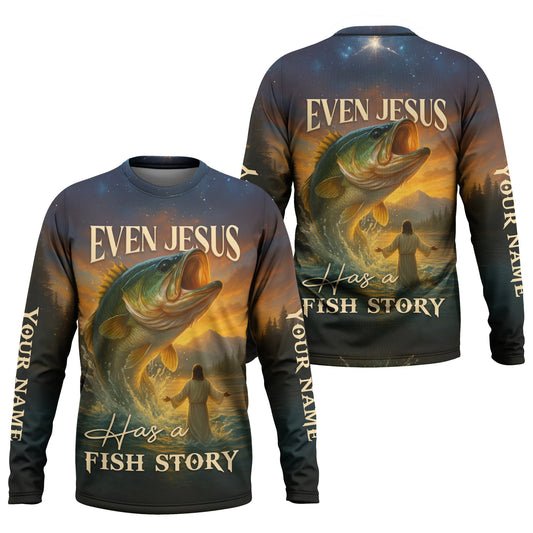 Joycorners Even Jesus Had a Fish Story, Fishing Funny Shirt, Fishing UV Shirts, SPF Shirts For Men, Hooded Sun Shirt