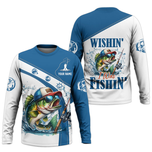 Joycorners Wishin I Was Fishin, SPF Shirts For Men, Funny Fishing Shirt, Men Long Sleeve Shirt, Gift For Fisherman
