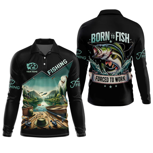 Joycorners Born To Fish Forced To Work Funny Fishing Shirts, UV Protection Shirt, Long Sleeve Fishing Shirts, Mens Casual Shirts