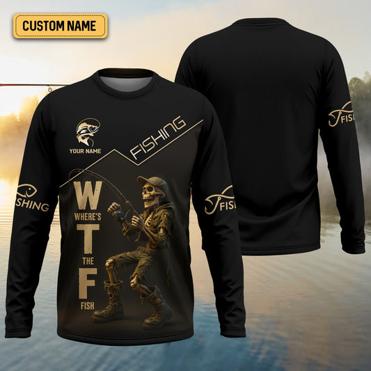 Joycorners Where's The Fish, Funny Skeleton Fishing Shirts, UPF Fishing Shirts, Gag Gifts For Men, Funny Fishing Shirt