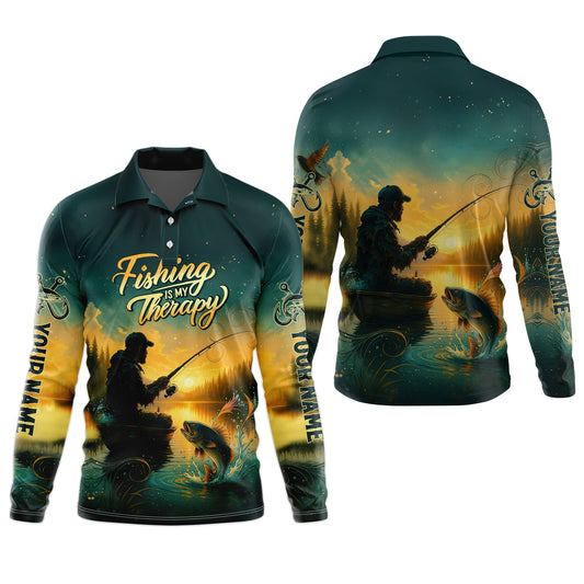 Joycorners Fishing Is My Therapy, Long Sleeve Sun Shirt, SPF Shirts For Men, Gag Gifts For Men, Fishing Shirt For Men
