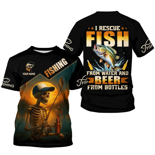 Joycorners Fish And Beer, Skeleton Fishing, Funny Fishing Shirts, SPF Shirts For Men, Long Sleeve Tops