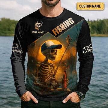 Joycorners Fish And Beer, Skeleton Fishing, Funny Fishing Shirts, SPF Shirts For Men, Long Sleeve Tops
