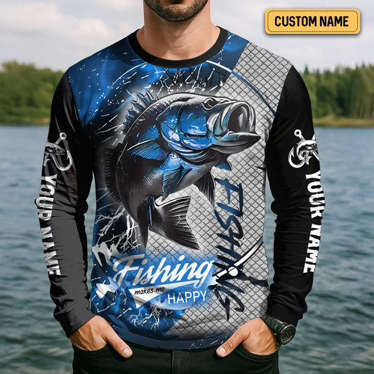 Joycorners Fishing Makes Me Happy UV Shirts For Men, SPF Long Sleeve Shirts, Breathable Long Sleeve Shirt