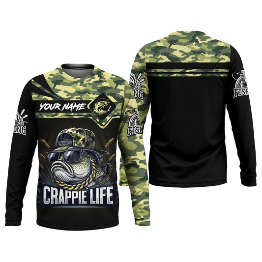 Joycorners Crappie Life Camo Fishing Shirt, Fishing T-Shirts Funny, SPF Long Sleeve Shirts, Men Long Sleeve Shirt