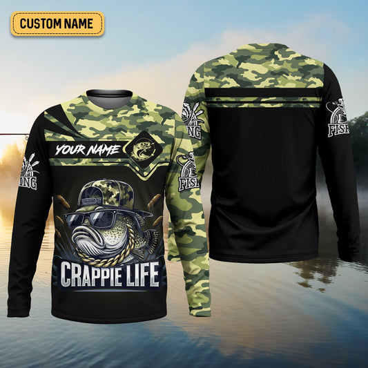 Joycorners Crappie Life Camo Fishing Shirt, Fishing T-Shirts Funny, SPF Long Sleeve Shirts, Men Long Sleeve Shirt