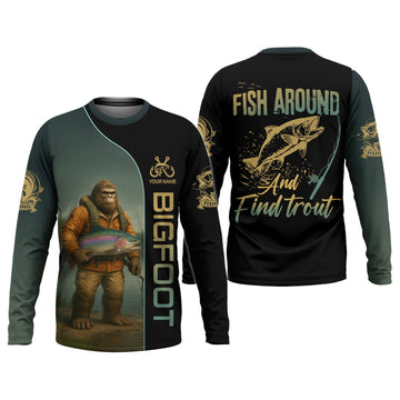 Joycorners Fish Around & Find Trout Fishing Shirt, Bigfoot Fishing Shirt, SPF Shirts For Men, Funny Fishing Shirt