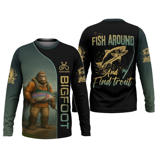 Joycorners Fish Around & Find Trout Fishing Shirt, Bigfoot Fishing Shirt, SPF Shirts For Men, Funny Fishing Shirt