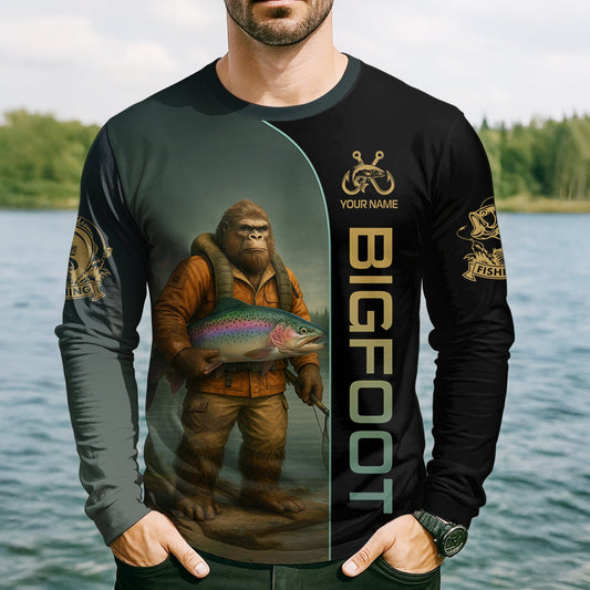 Joycorners Fish Around & Find Trout Fishing Shirt, Bigfoot Fishing Shirt, SPF Shirts For Men, Funny Fishing Shirt