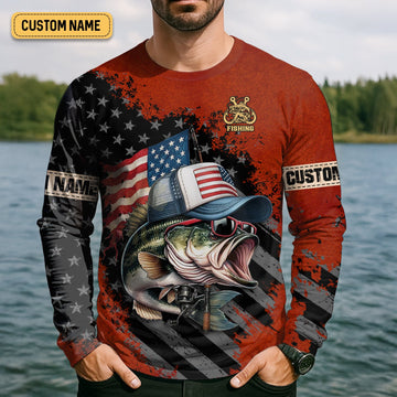 Joycorners Patriotic Fishing Shirt, Largemouth Bass Fishing SPF Shirt, Fisherman Outfit, Men Long Sleeve Shirt