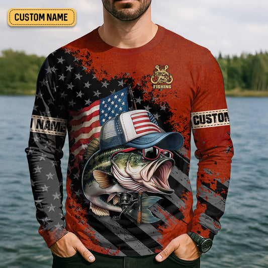 Joycorners Patriotic Fishing Shirt, Largemouth Bass Fishing SPF Shirt, Fisherman Outfit, Men Long Sleeve Shirt