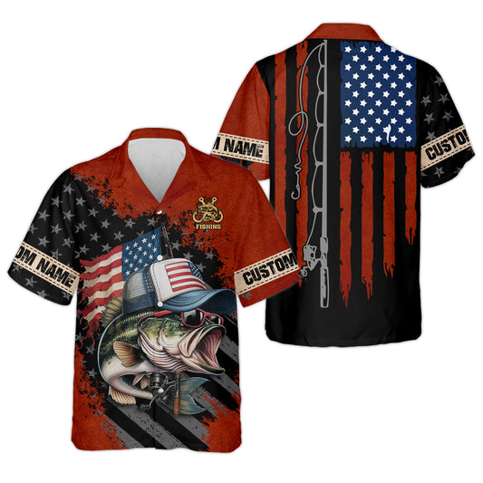 Joycorners Patriotic Fishing Shirt, Largemouth Bass Fishing SPF Shirt, Fisherman Outfit, Men Long Sleeve Shirt