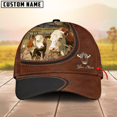 Joycorners Custom Name And Hereford Cows Leather Pattern Classic Cap