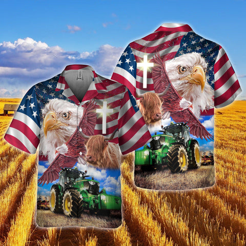 Joy Corners Highland Cattle With Eagles And Tractor 3D Hawaiian Shirt