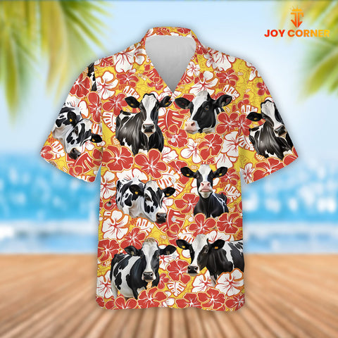 Joy Corners Holstein Cattle Orange Flower Pattern 3D Hawaiian Shirt