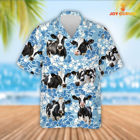 Joy Corners Holstein Cattle Blue Flower Pattern 3D Hawaiian Shirt