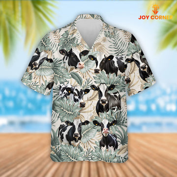 Joy Corners Holstein Cattle Tropical Leaf Pattern Hawaiian Shirt