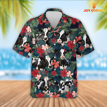 Joy Corners Holstein Cattle Red Tropical Flowers Hawaiian Shirt