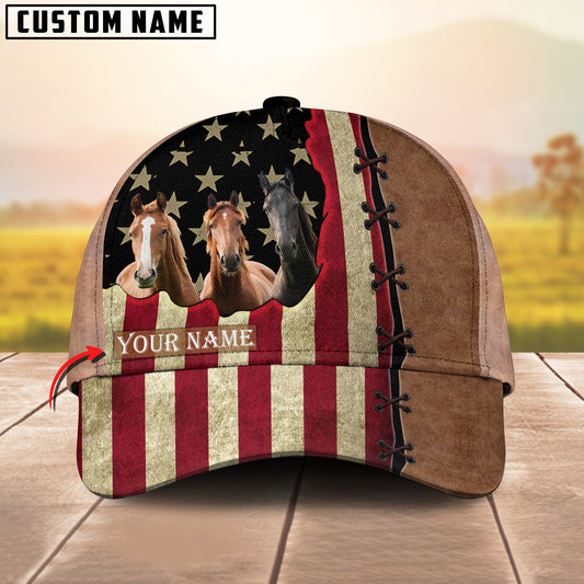 Joycorners Custom Name Horse American Flag And Leather Pattern Classic Cap