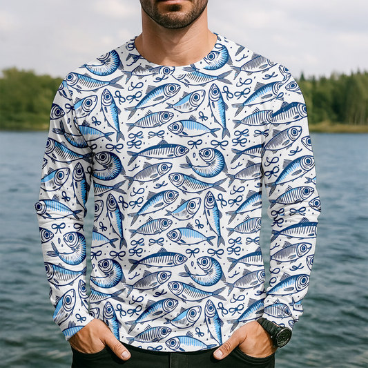 Joycorners Navy Fish Pattern Fishing UPF Shirts, Men's Fishing Shirts Long Sleeve, Presents For Fishermen