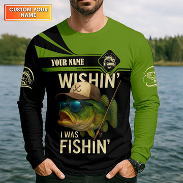 Joycorners Wishing I Was Fishing Funny Fishing Shirt, Bass Fishing Shirt, SPF Shirt For Men, Men's Fishing Shirt