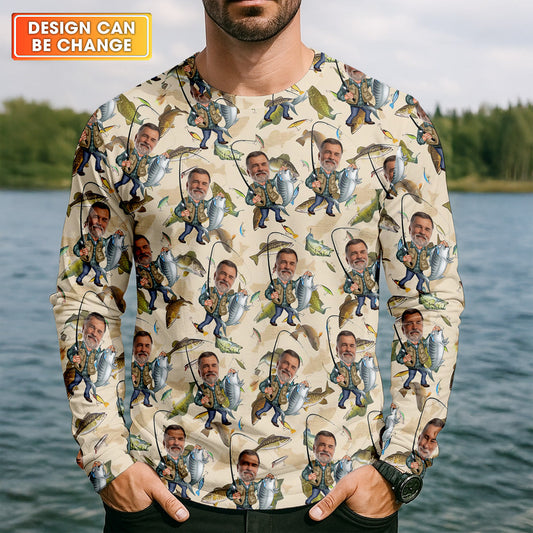 Joycorners Custom Face Beige Funny Fishing Shirt, Personalized Fishing Shirt, Men's Fishing Shirt