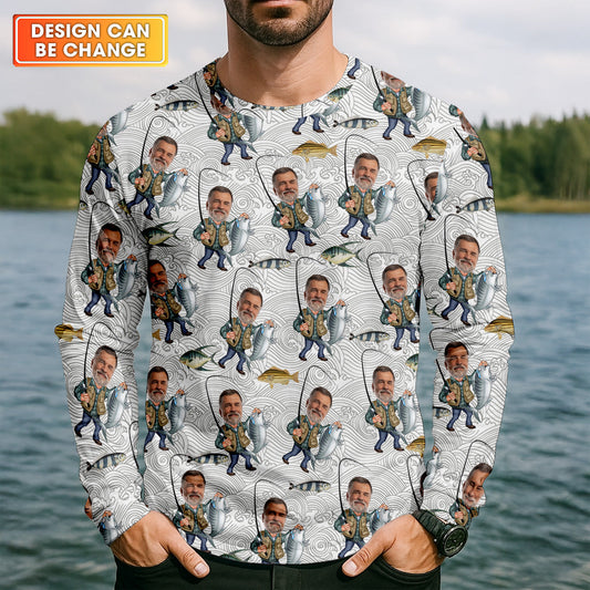 Joycorners Custom Face Light Grey Funny Fishing Shirt, Personalized Fishing Shirt, Men's Fishing Shirt