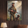 Hunting scene with a man in camouflage holding a rifle and a dog on a wooden wall.