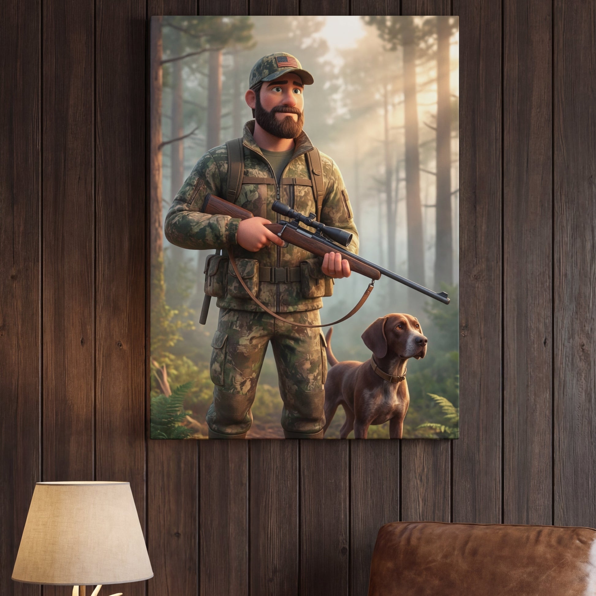Hunting scene with a man in camouflage holding a rifle and a dog on a wooden wall.