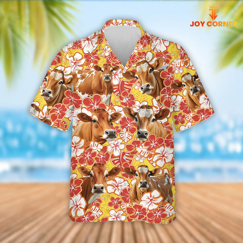 Joy Corners Jersey Cattle Orange Flower Pattern 3D Hawaiian Shirt