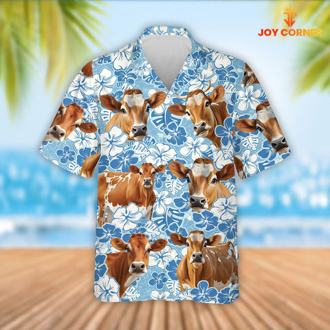 Joy Corners Jersey Cattle Blue Flower Pattern 3D Hawaiian Shirt