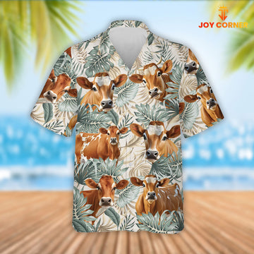 Joy Corners Jersey Cattle Tropical Leaf Pattern Hawaiian Shirt