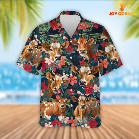 Joy Corners Jersey Cattle Red Tropical Flowers Hawaiian Shirt