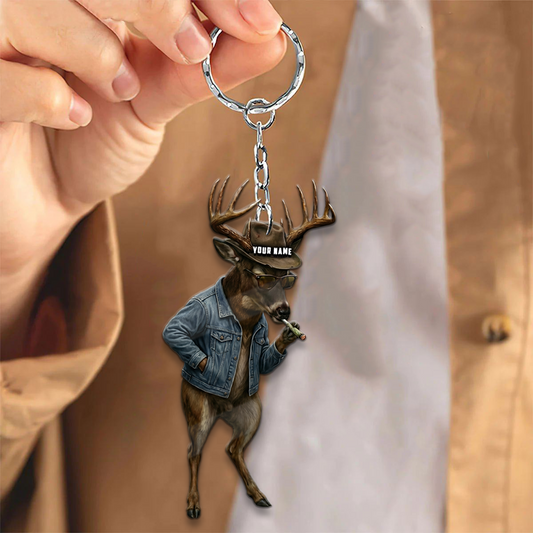 Joycorner Personalized Cool Deer Smoking Denim Jacket Ornament Keychain