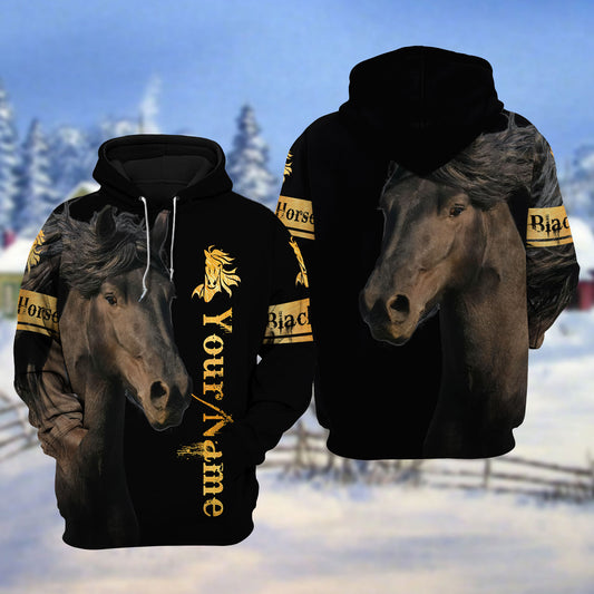 Joycorners Custom Name Black Horse Lover 3D Hoodie
