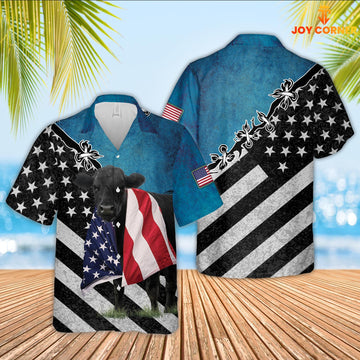 JoyCorners Black Angus Cattle American Flag Hawaiian Shirt