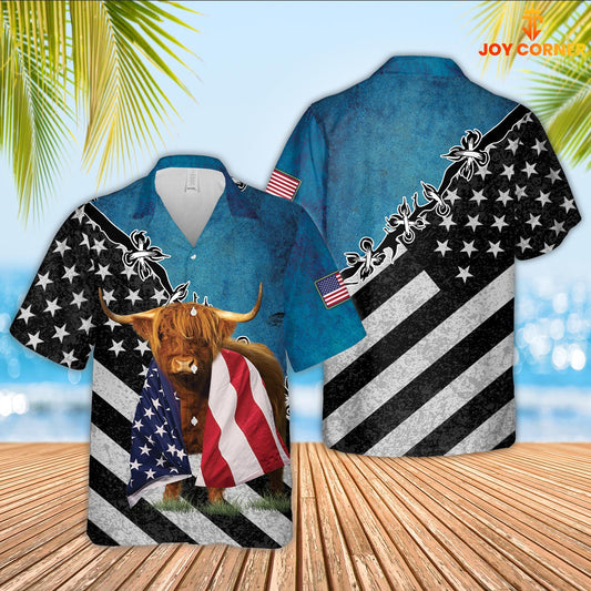 JoyCorners Highland Cattle American Flag Hawaiian Shirt