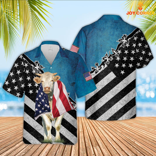 JoyCorners Charolais Cattle American Flag Hawaiian Shirt