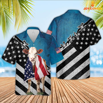 JoyCorners Hereford Cattle American Flag Hawaiian Shirt